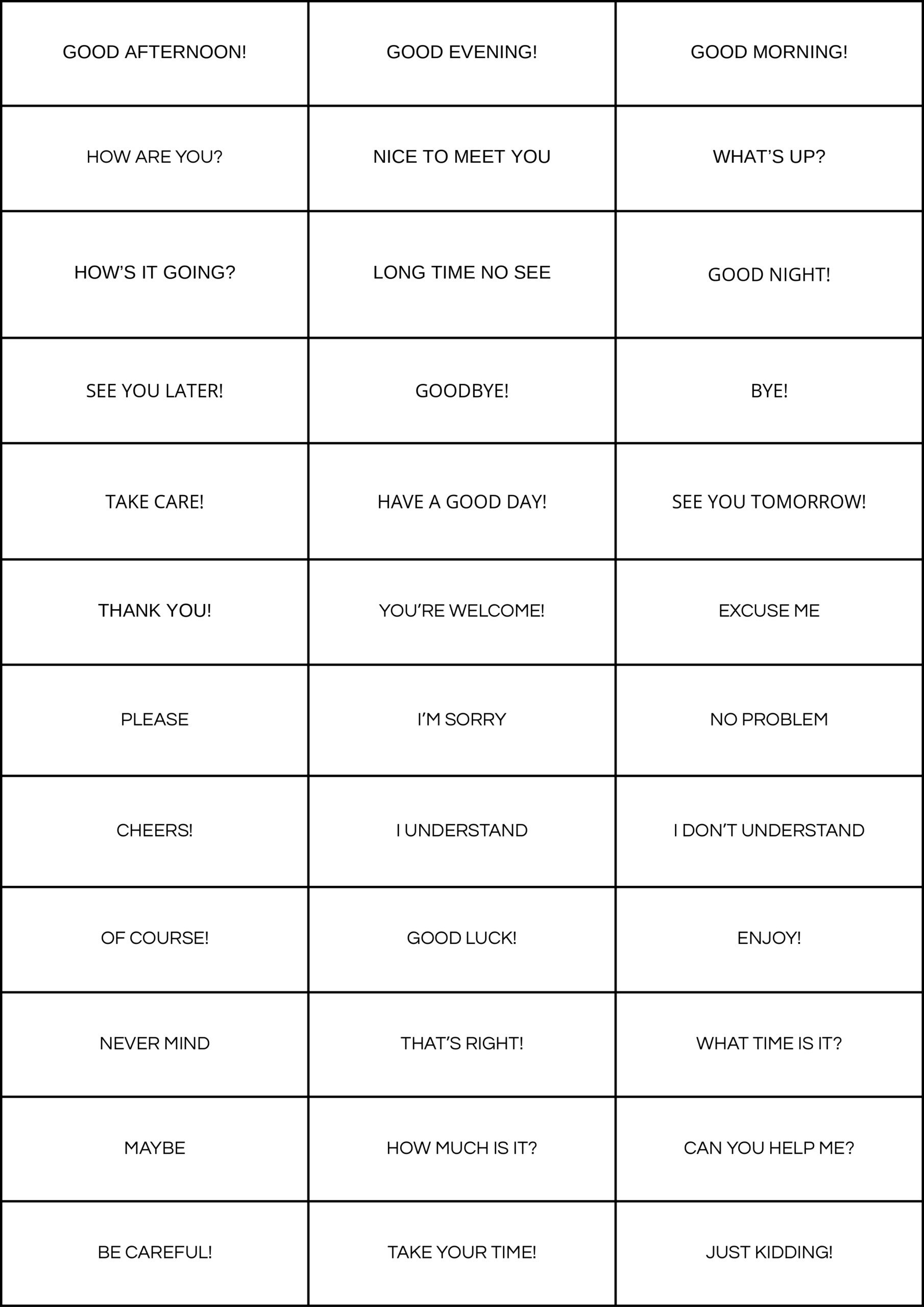 Bingo das saudações em inglês