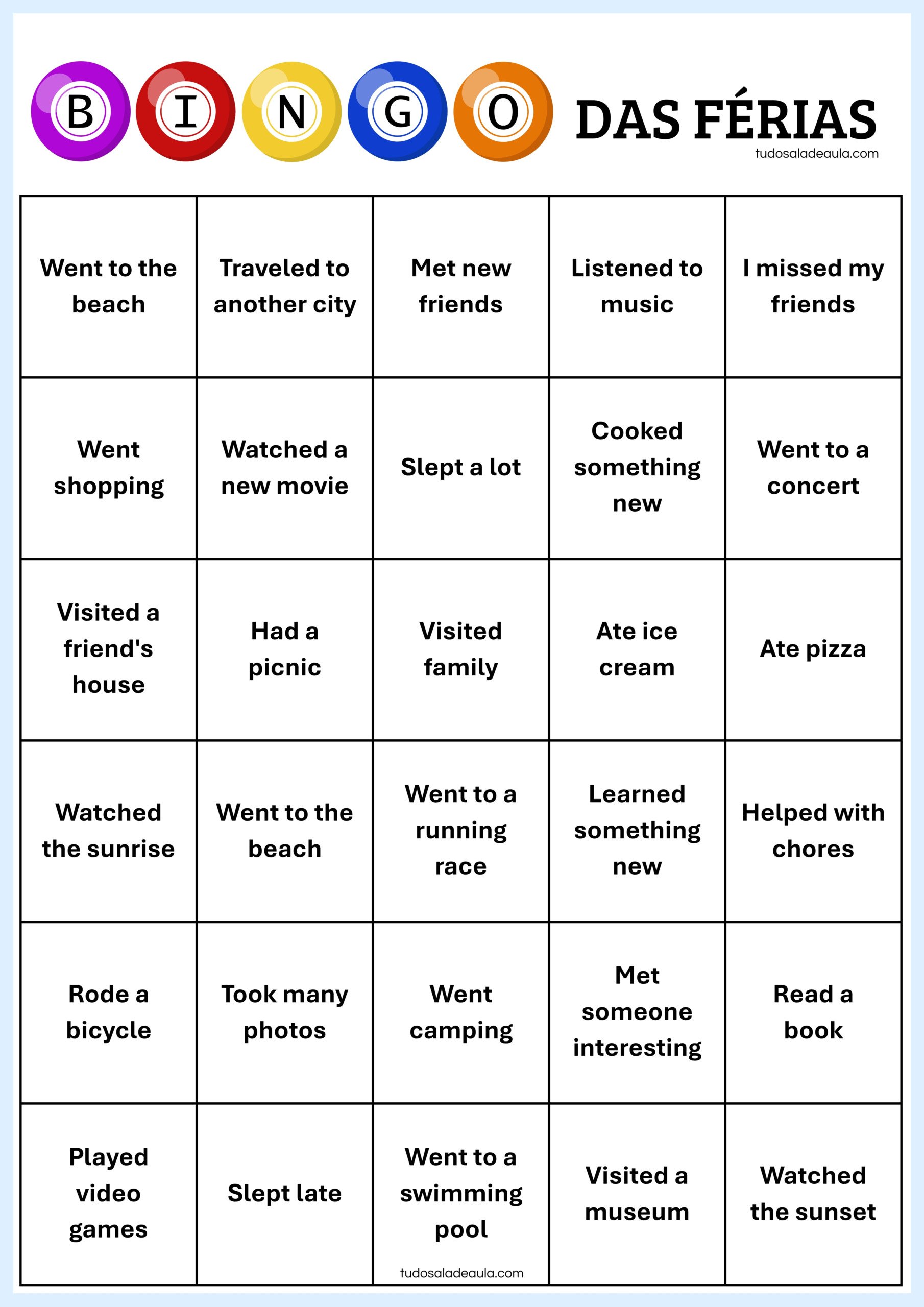 atividade lúdica bingo das férias