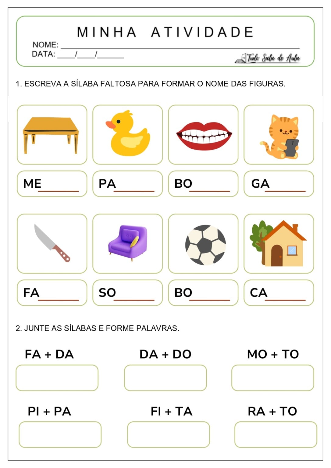 Atividades de Formação de Palavras e Frases Simples - Tudo Sala de Aula
