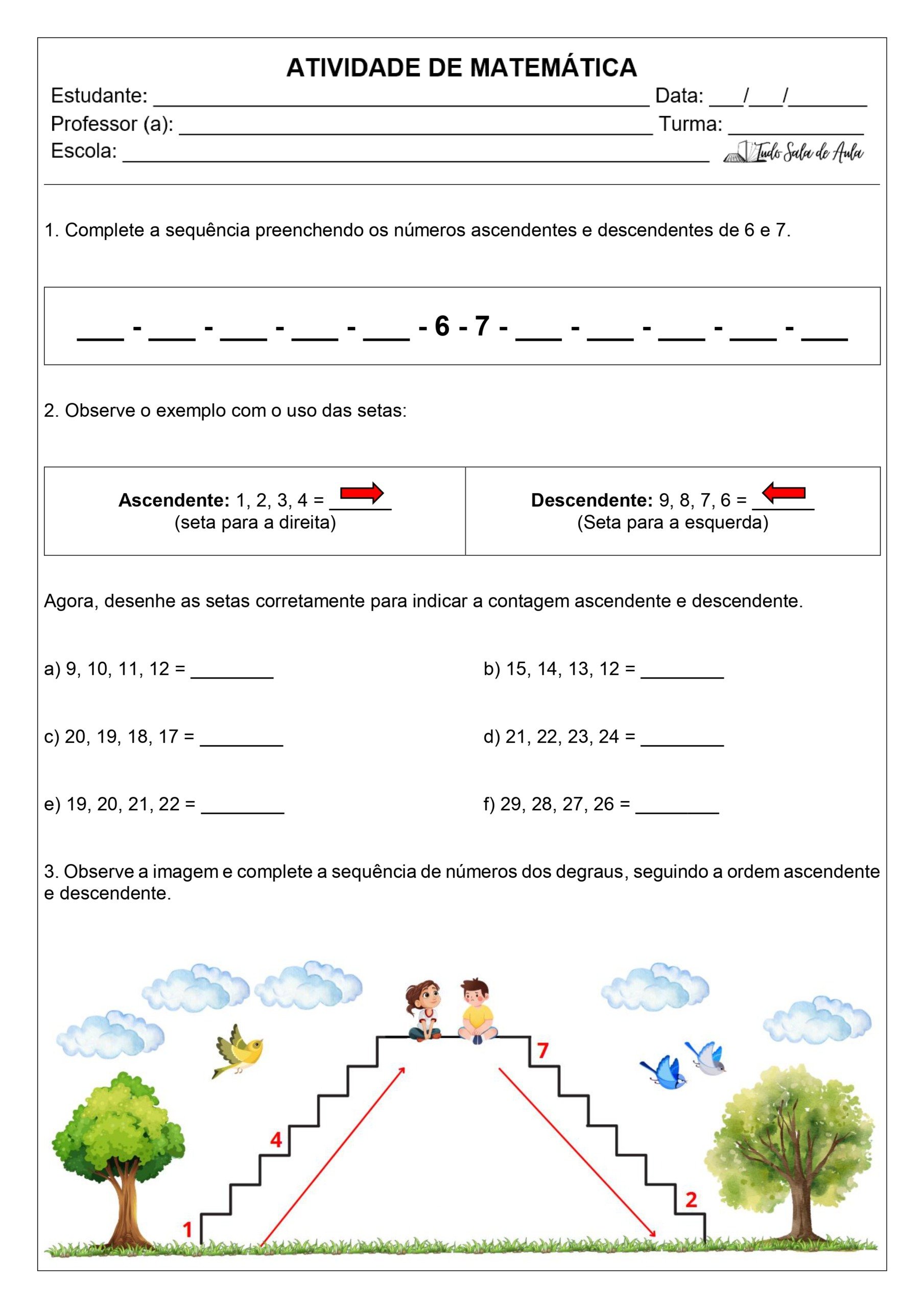Contagem ascendente e descendente - atividade para o 1º ano