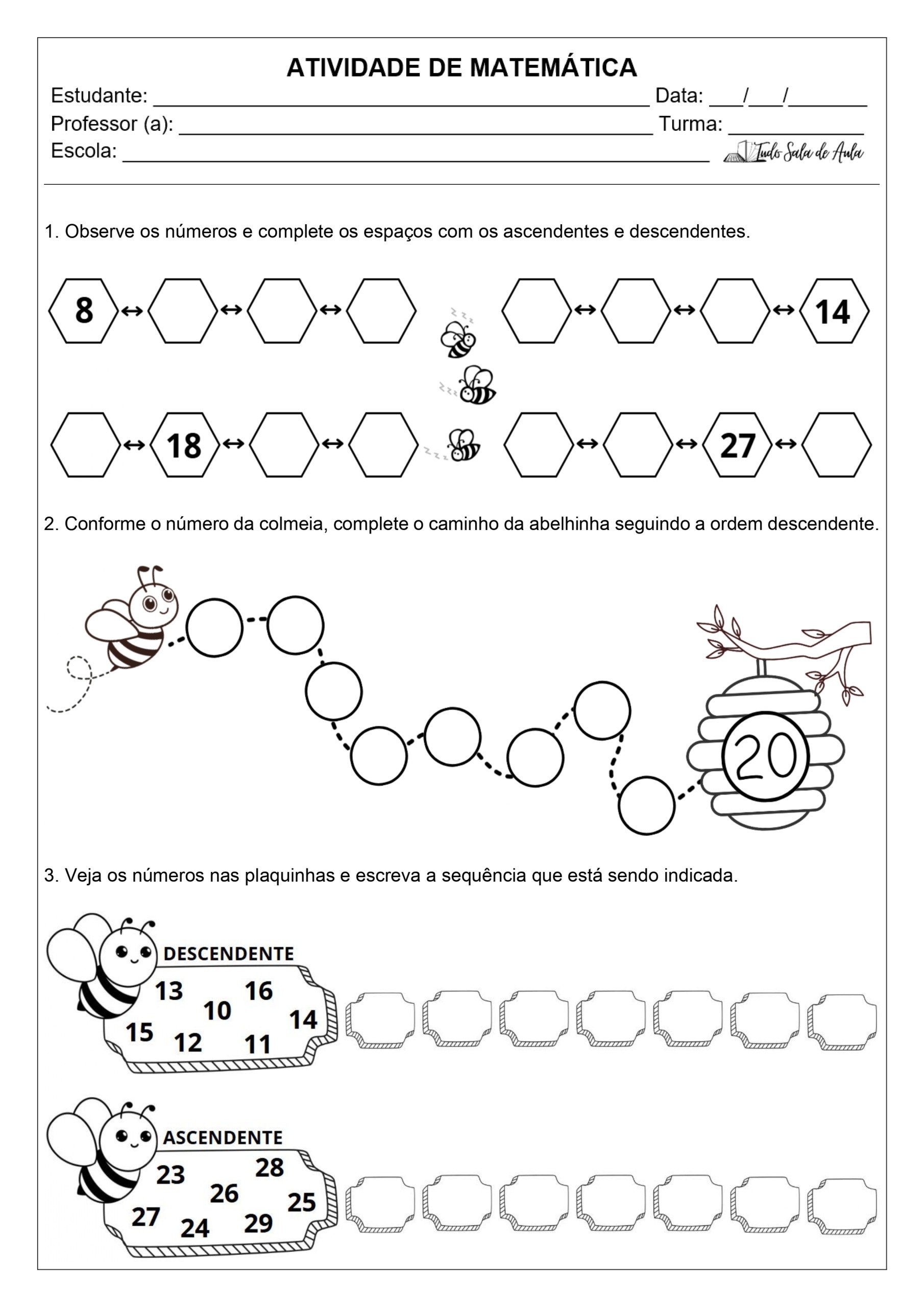 Contagem ascendente e descendente - atividade para o 1º ano