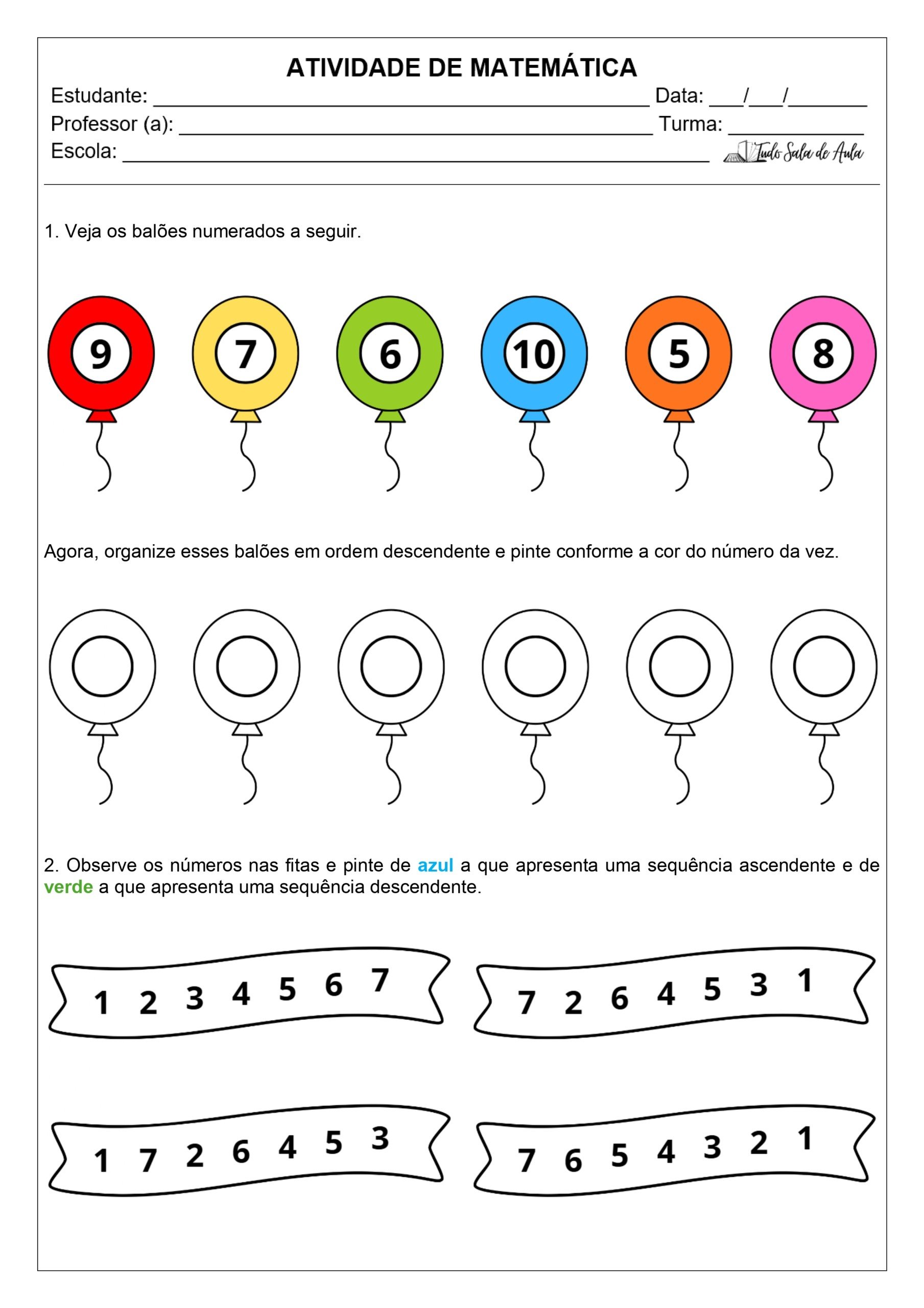 Contagem ascendente e descendente - atividade para o 1º ano