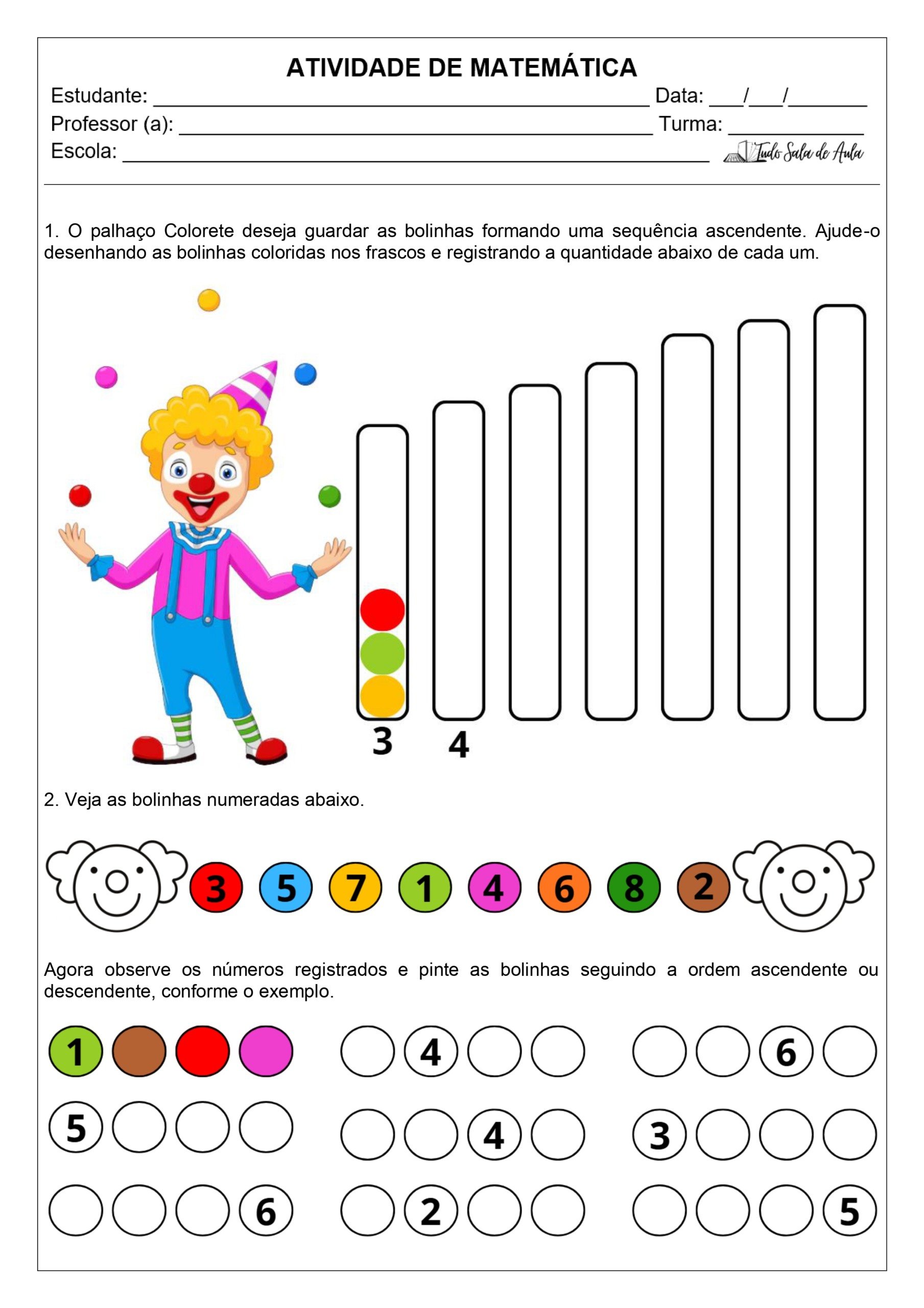 Contagem ascendente e descendente - atividade para o 1º ano