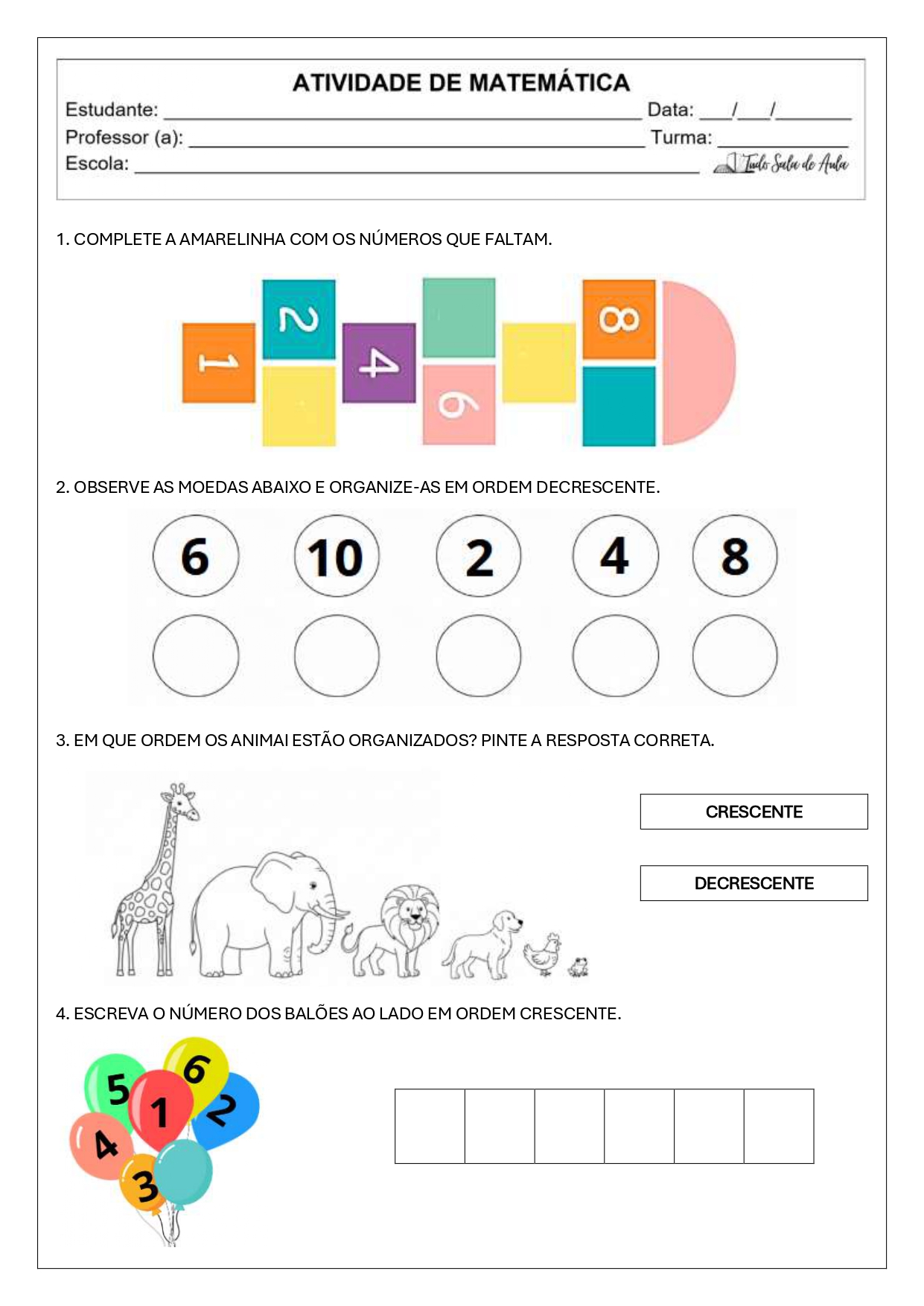 atividades de ordem crescente e decrescente