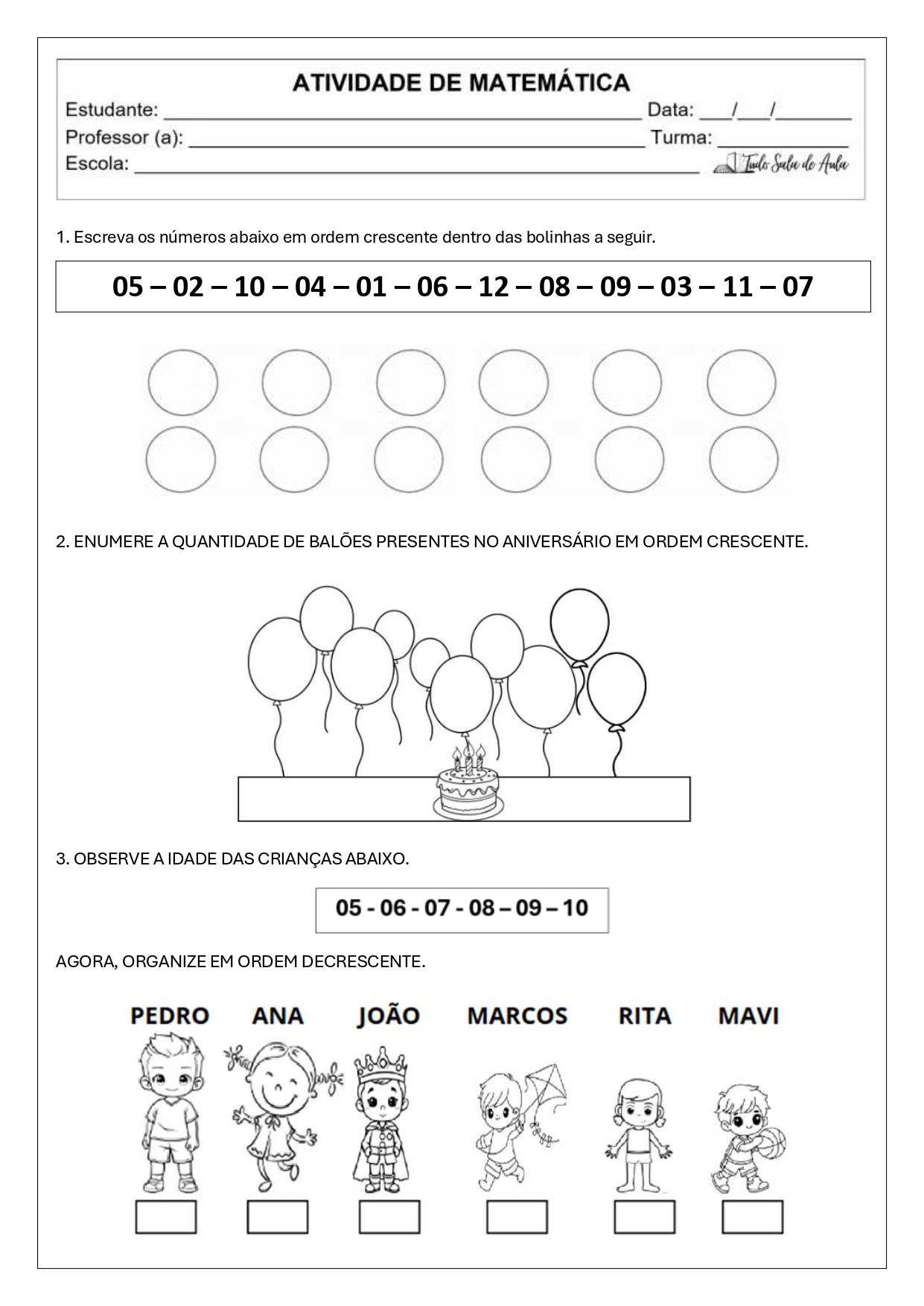 atividades de ordem crescente e decrescente