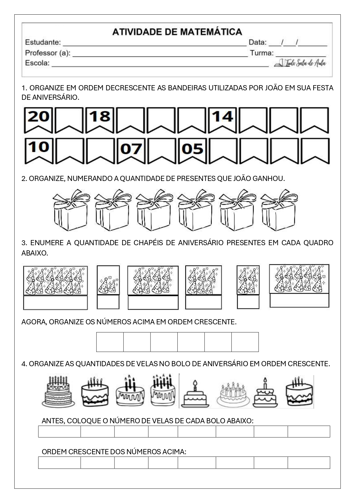 atividades de ordem crescente e decrescente