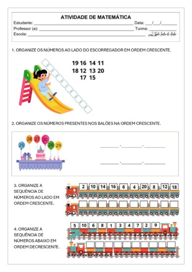 10 Atividades de Ordem Crescente e Decrescente para o 1º ano - Tudo ...