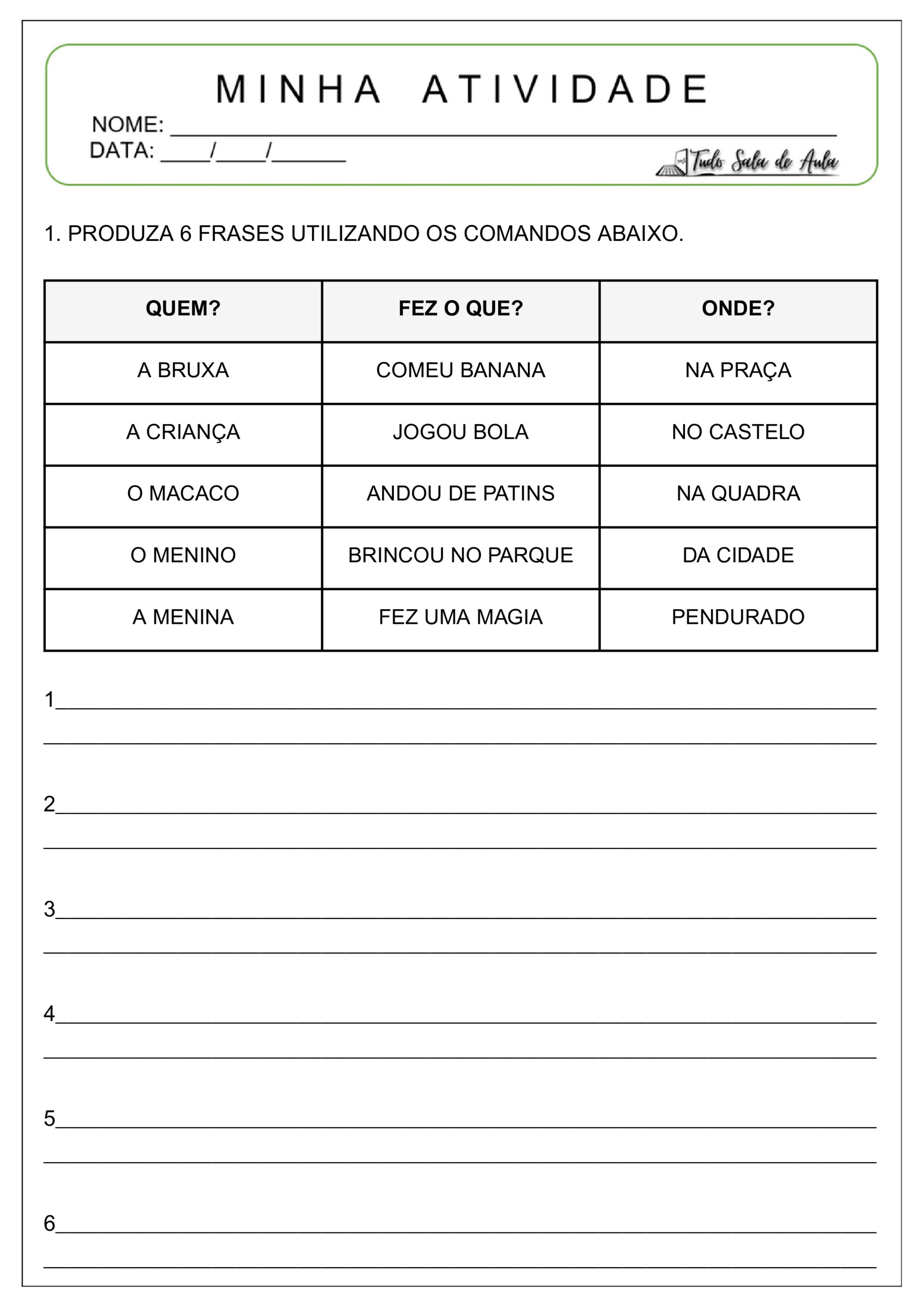 atividade de produção de frases