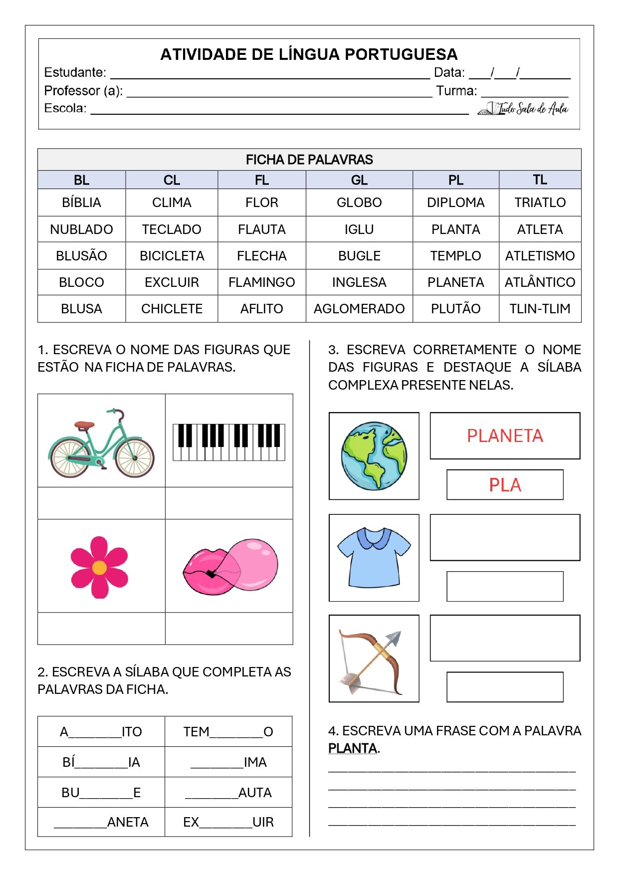 Atividade de ortografia bl, cl, fl, gl, pl, tl