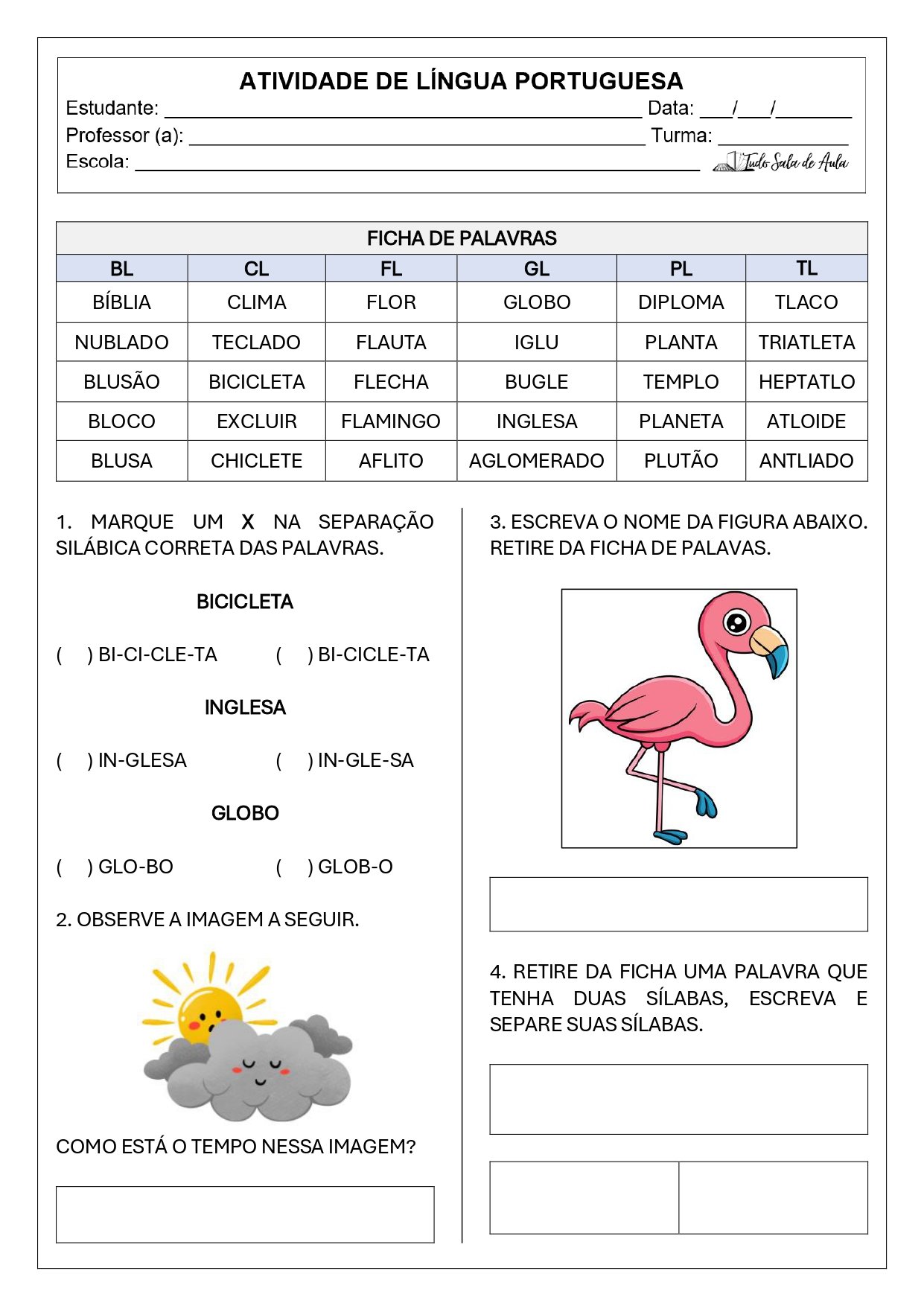 Atividade de ortografia bl, cl, fl, gl, pl, tl