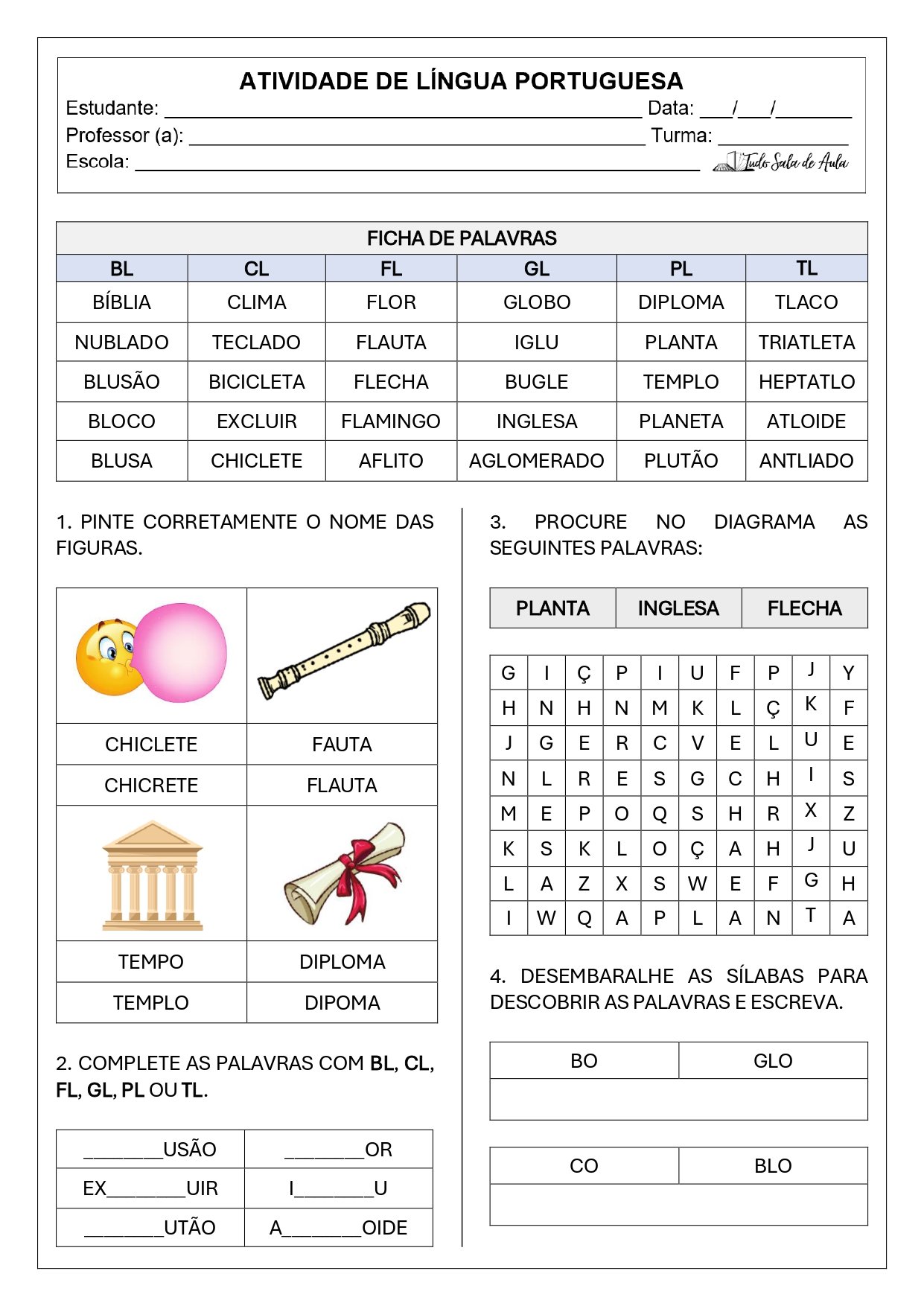Atividade de ortografia bl, cl, fl, gl, pl, tl