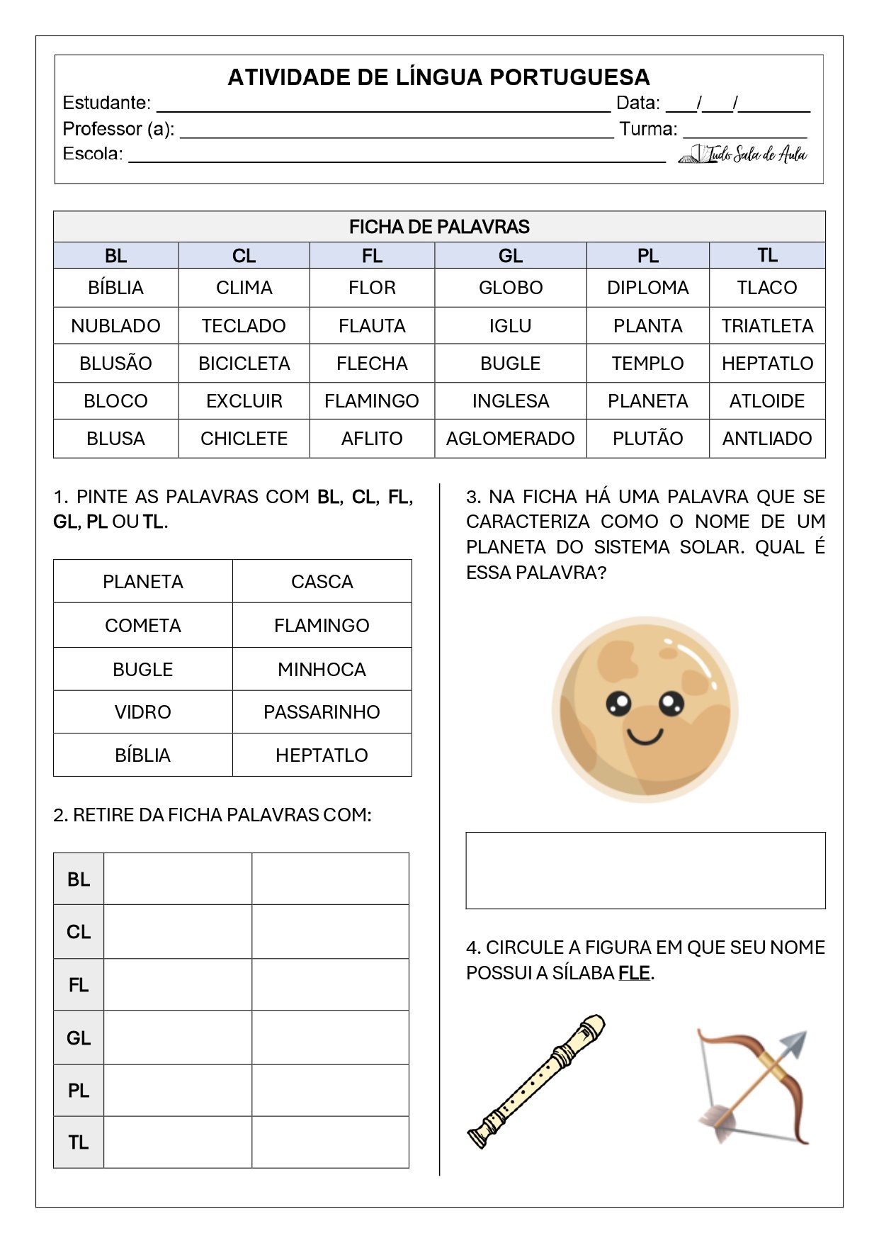 Atividade de ortografia bl, cl, fl, gl, pl, tl