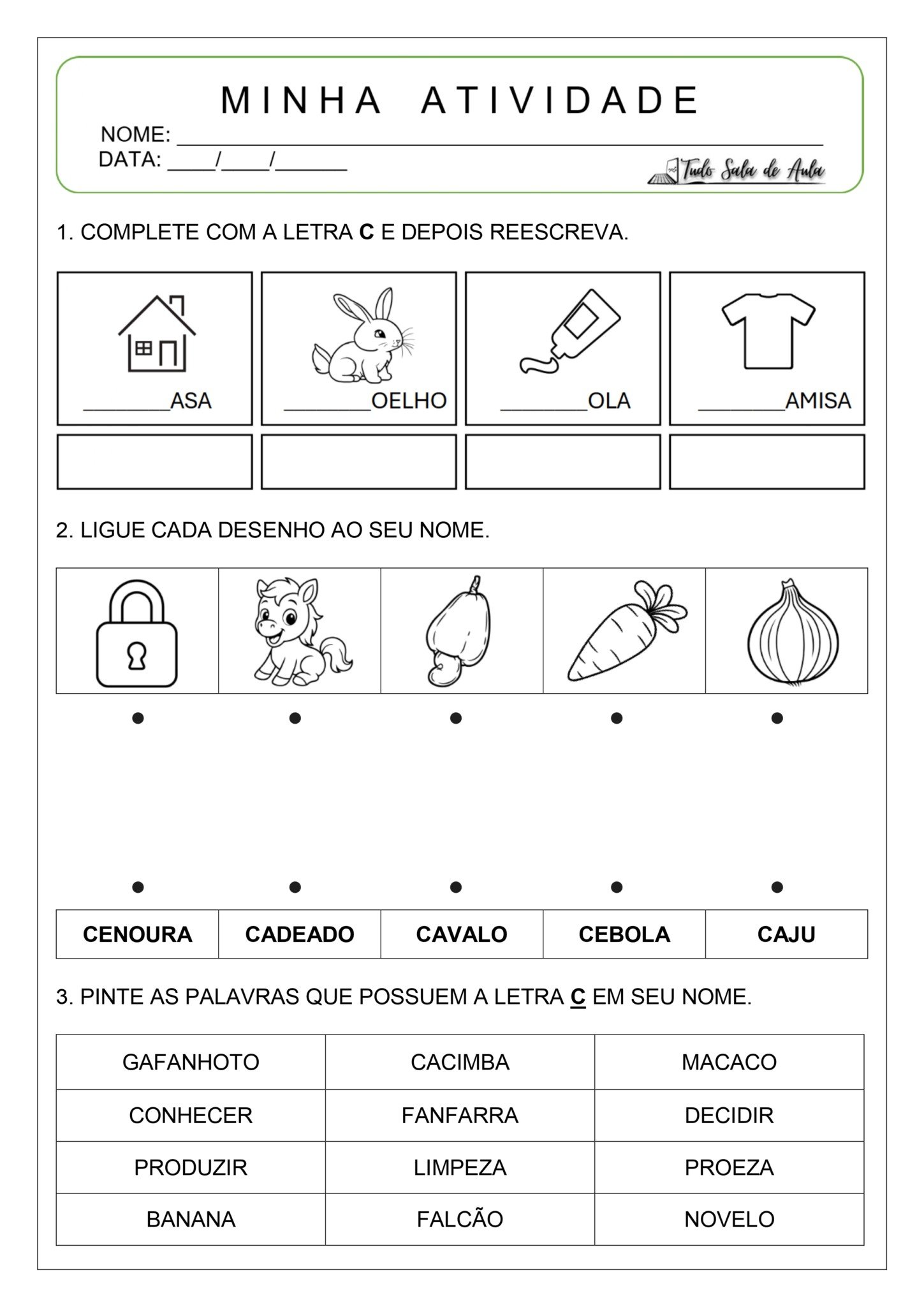 Atividade de alfabetização - Letra C