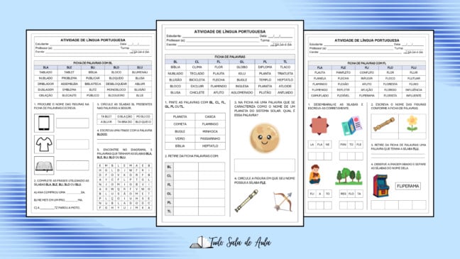 Atividades de Ortografia: bl, cl, fl, gl, pl, tl - Prontas para Impressão