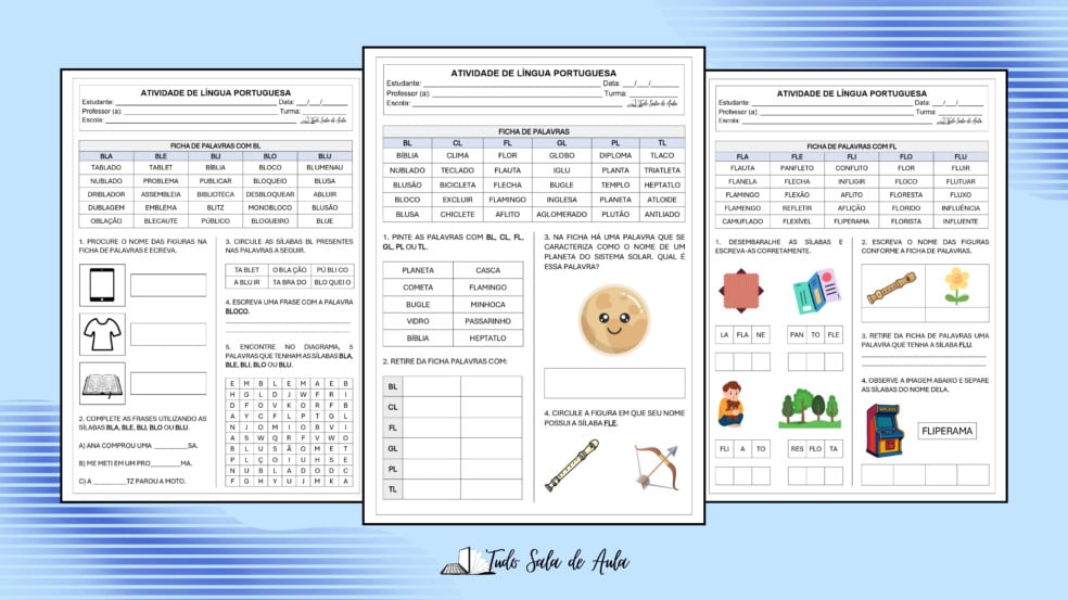 Atividades de Ortografia: bl, cl, fl, gl, pl, tl - Prontas para Impressão