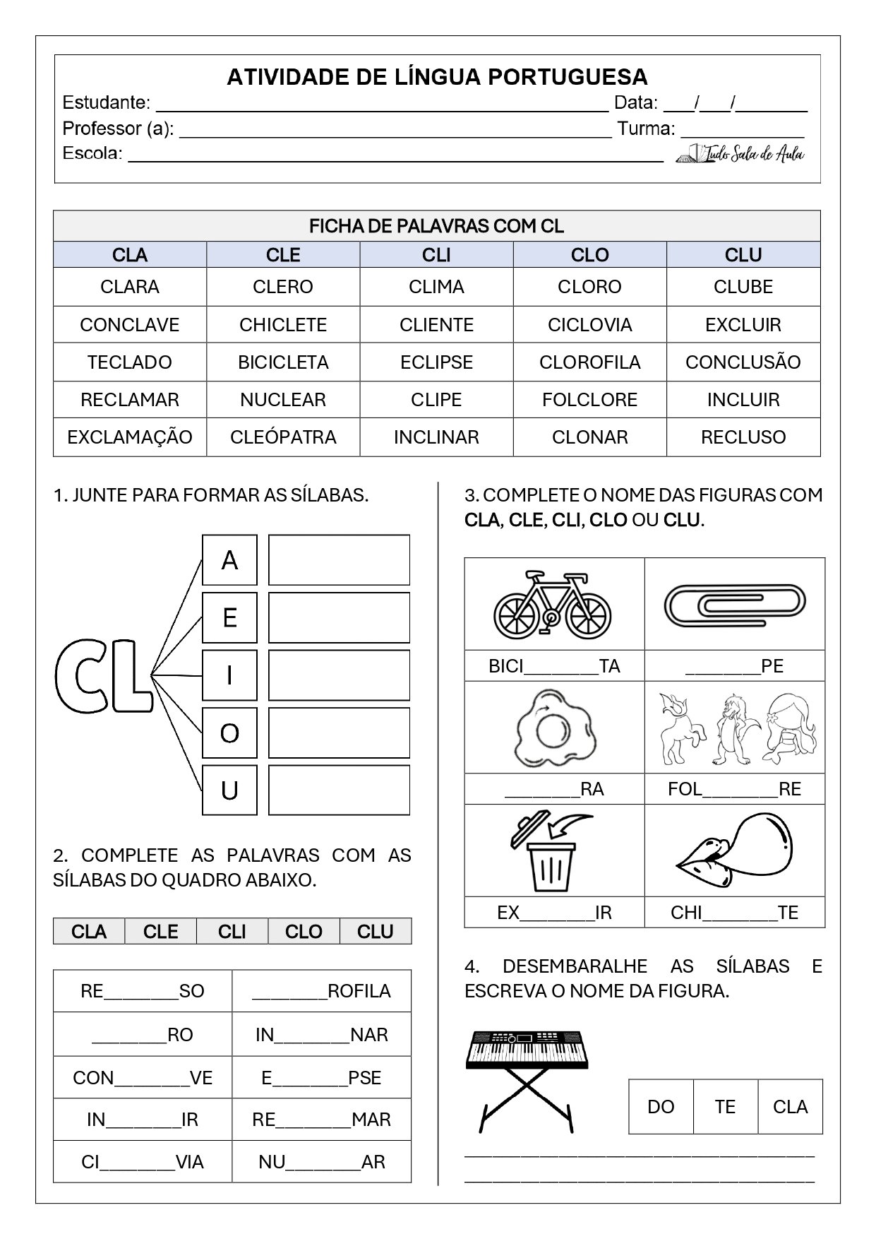 Atividade de ortografia bl, cl, fl, gl, pl, tl