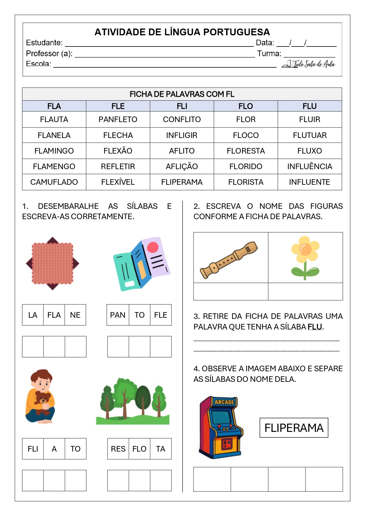 Atividade de ortografia bl, cl, fl, gl, pl, tl