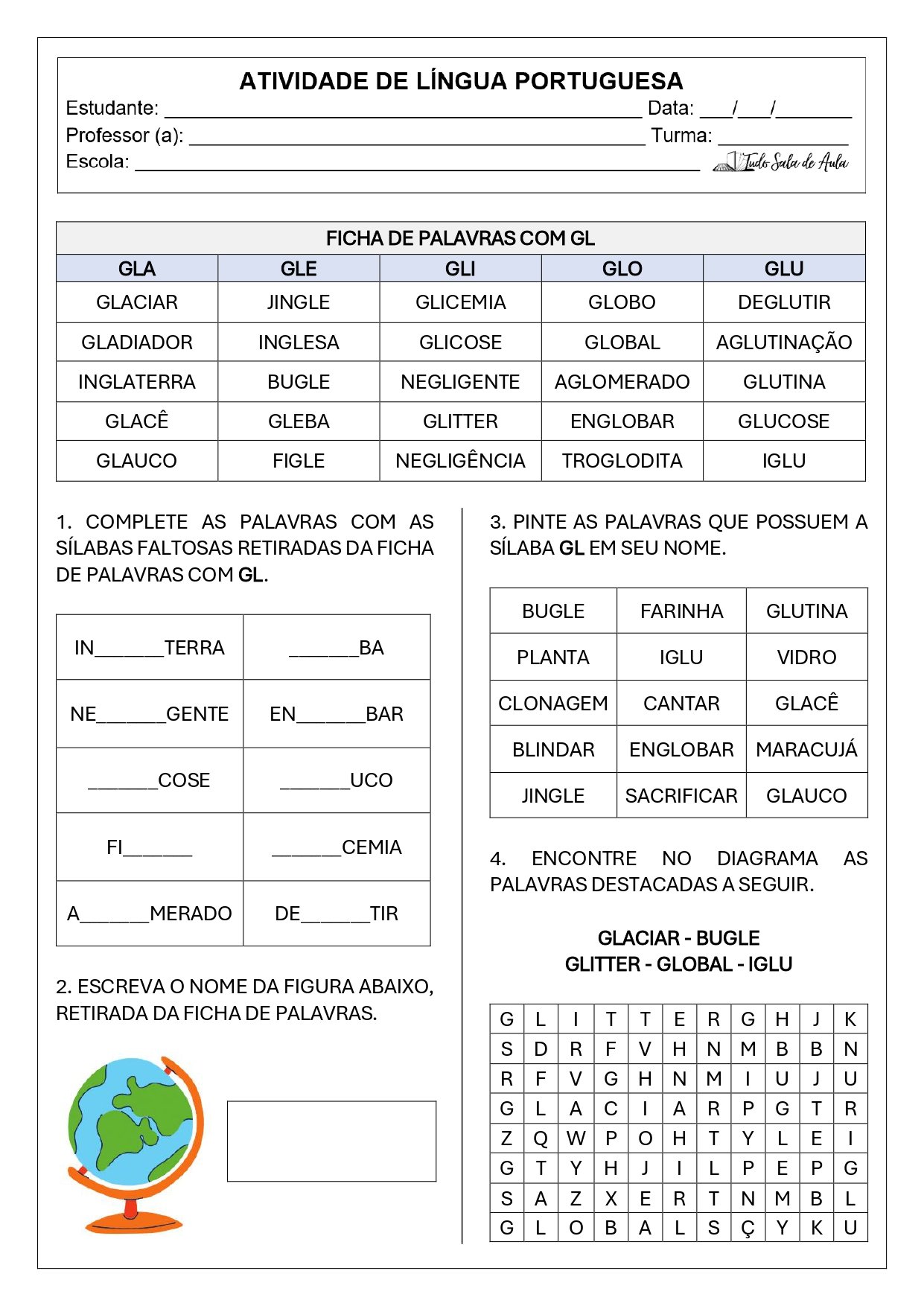 Atividade de ortografia bl, cl, fl, gl, pl, tl