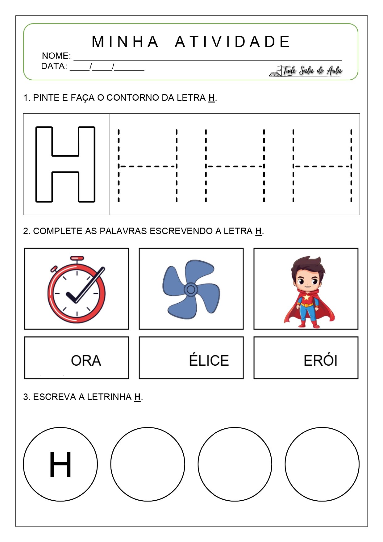 Atividade letra H - Alfabetização