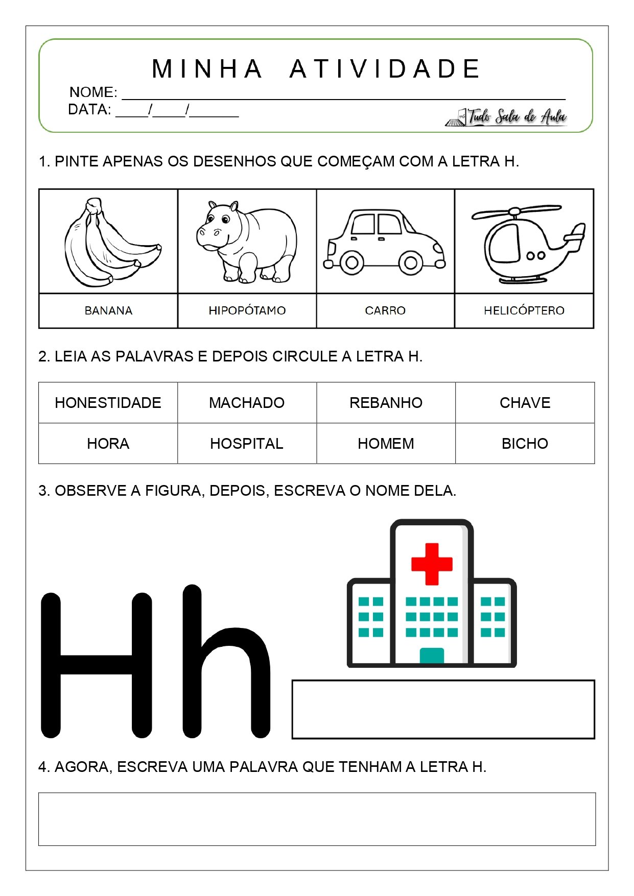 Atividade letra H - Alfabetização