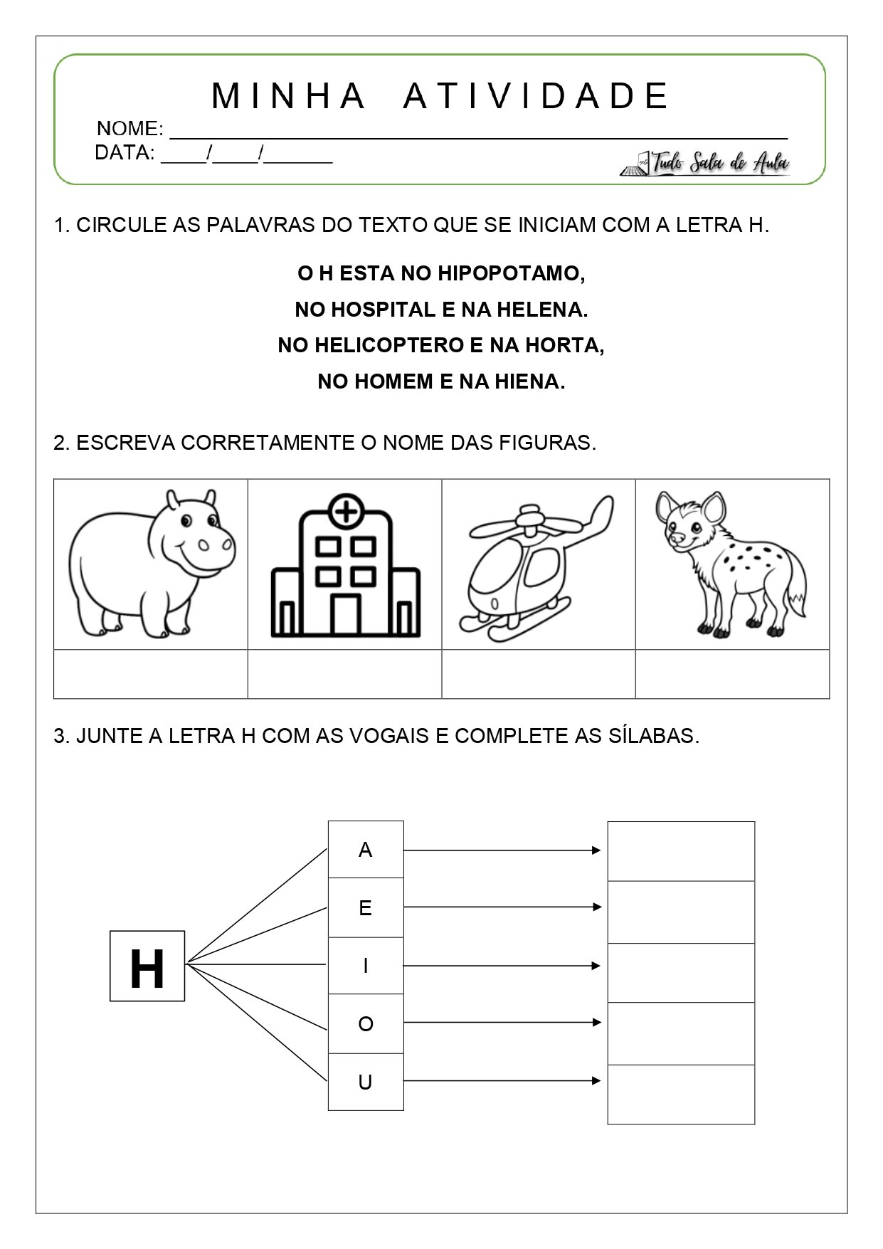 Atividade letra H - Alfabetização