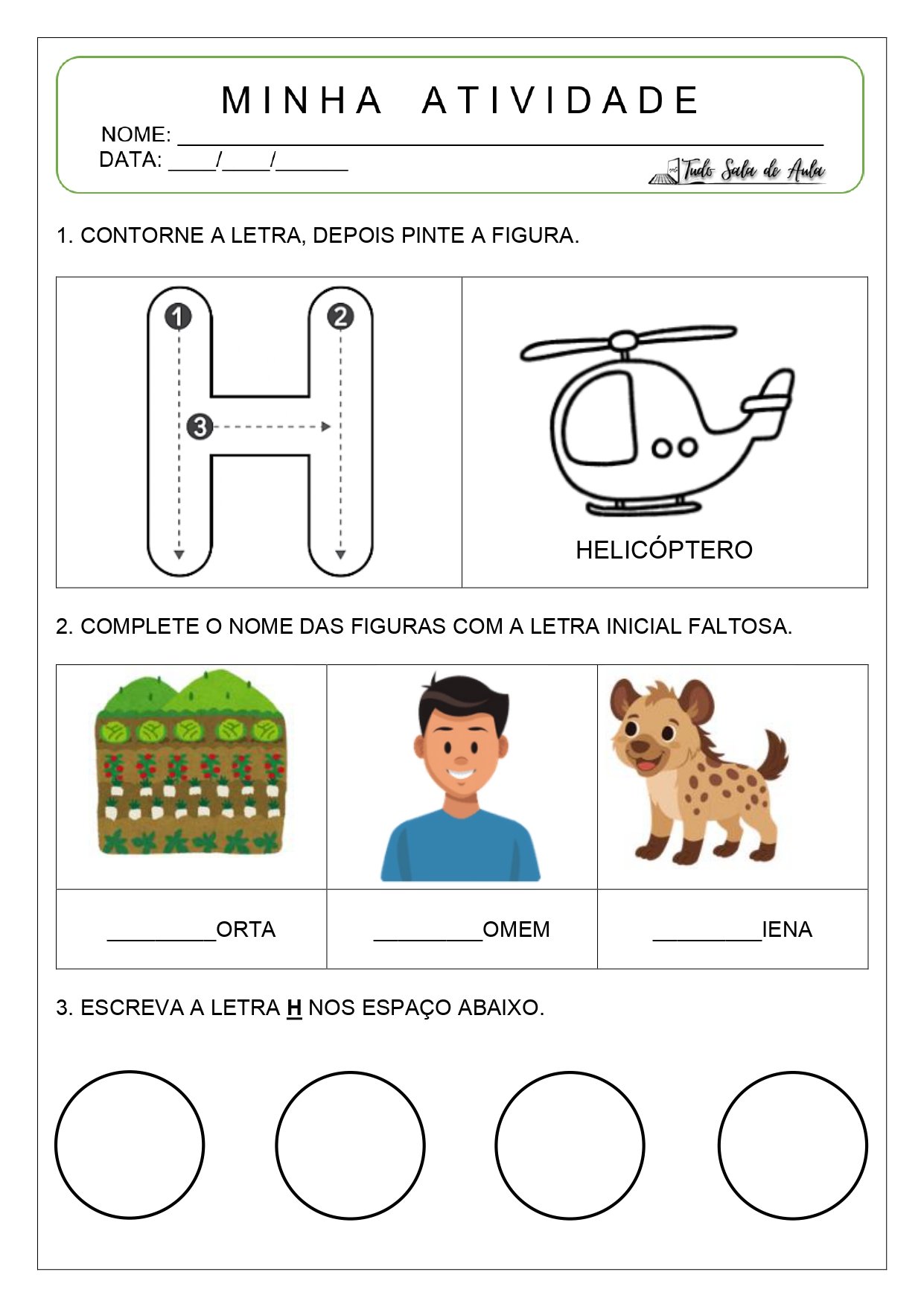 Atividade letra H - Alfabetização