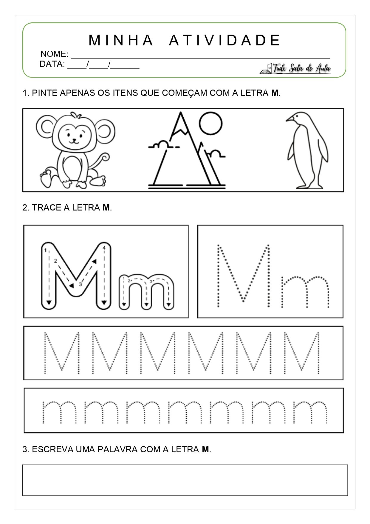 Atividade letra M - Alfabetização