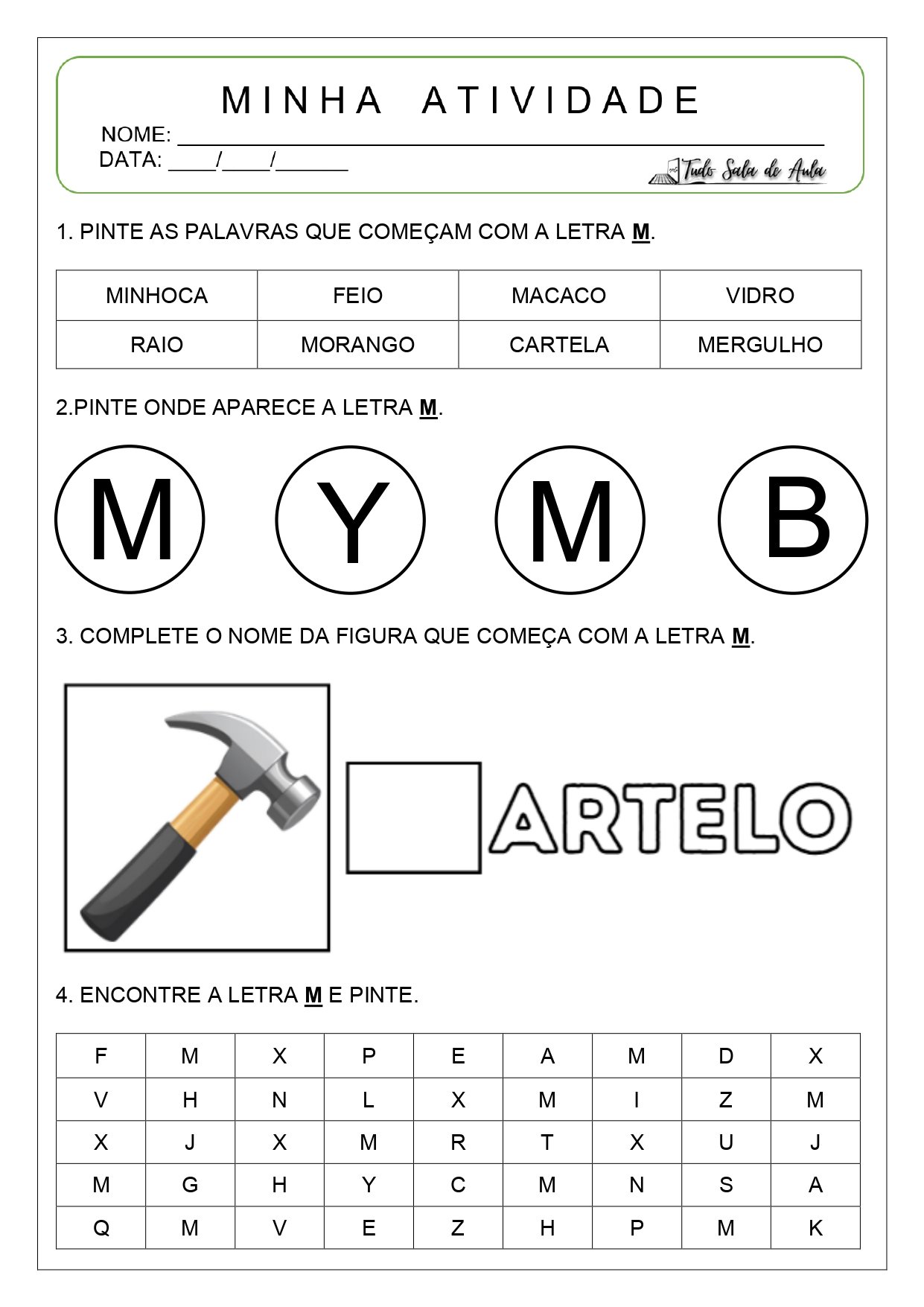 Atividade letra M - Alfabetização