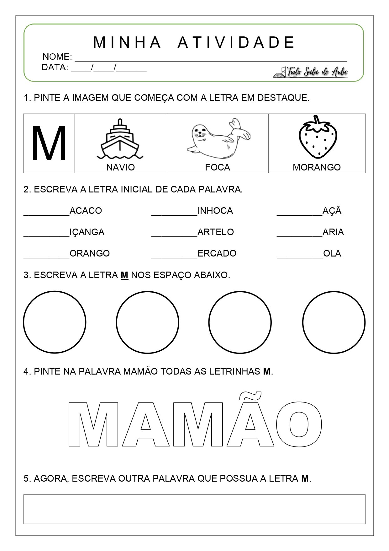 Atividade letra M - Alfabetização