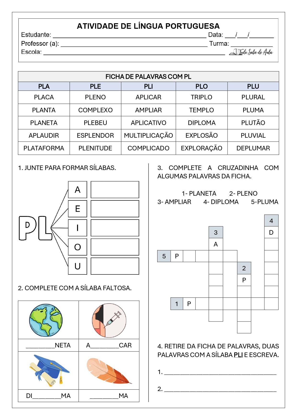 Atividade de ortografia bl, cl, fl, gl, pl, tl