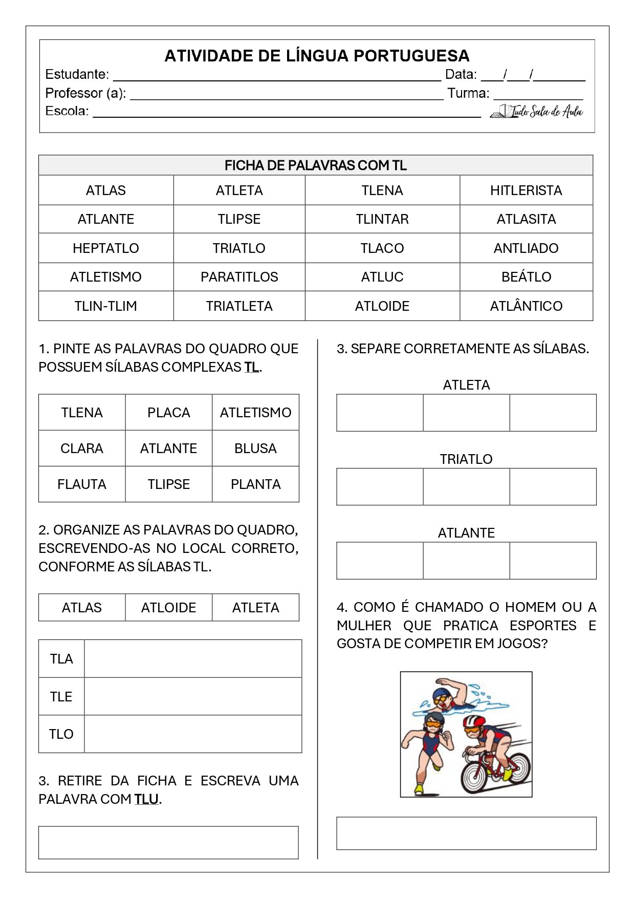 Atividade de ortografia bl, cl, fl, gl, pl, tl