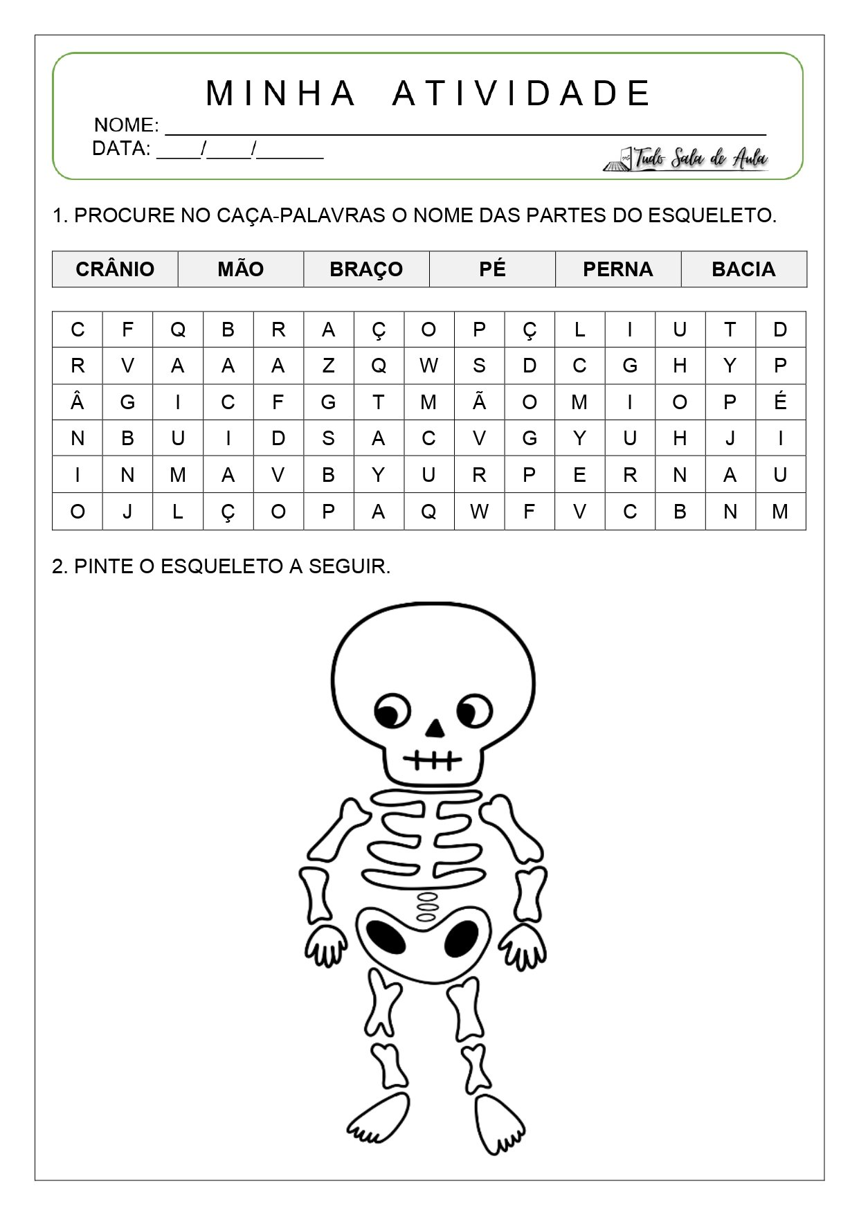 Atividade sobre Esqueleto para Educação Infantil