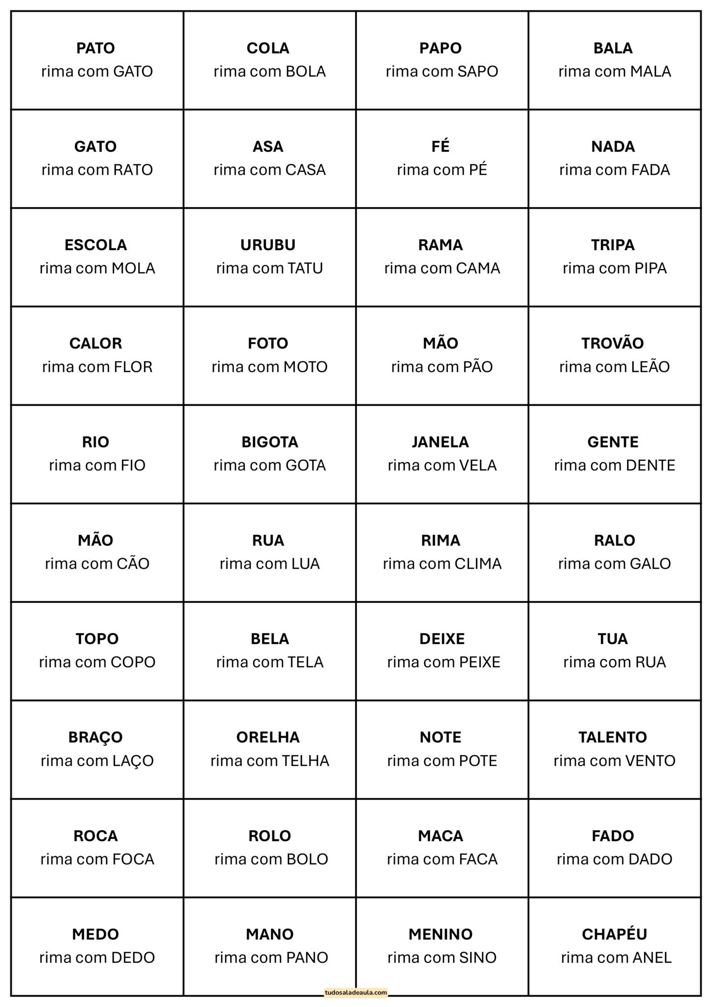 Bingo das Rimas - Atividade Lúdica para 2º e 3º ano