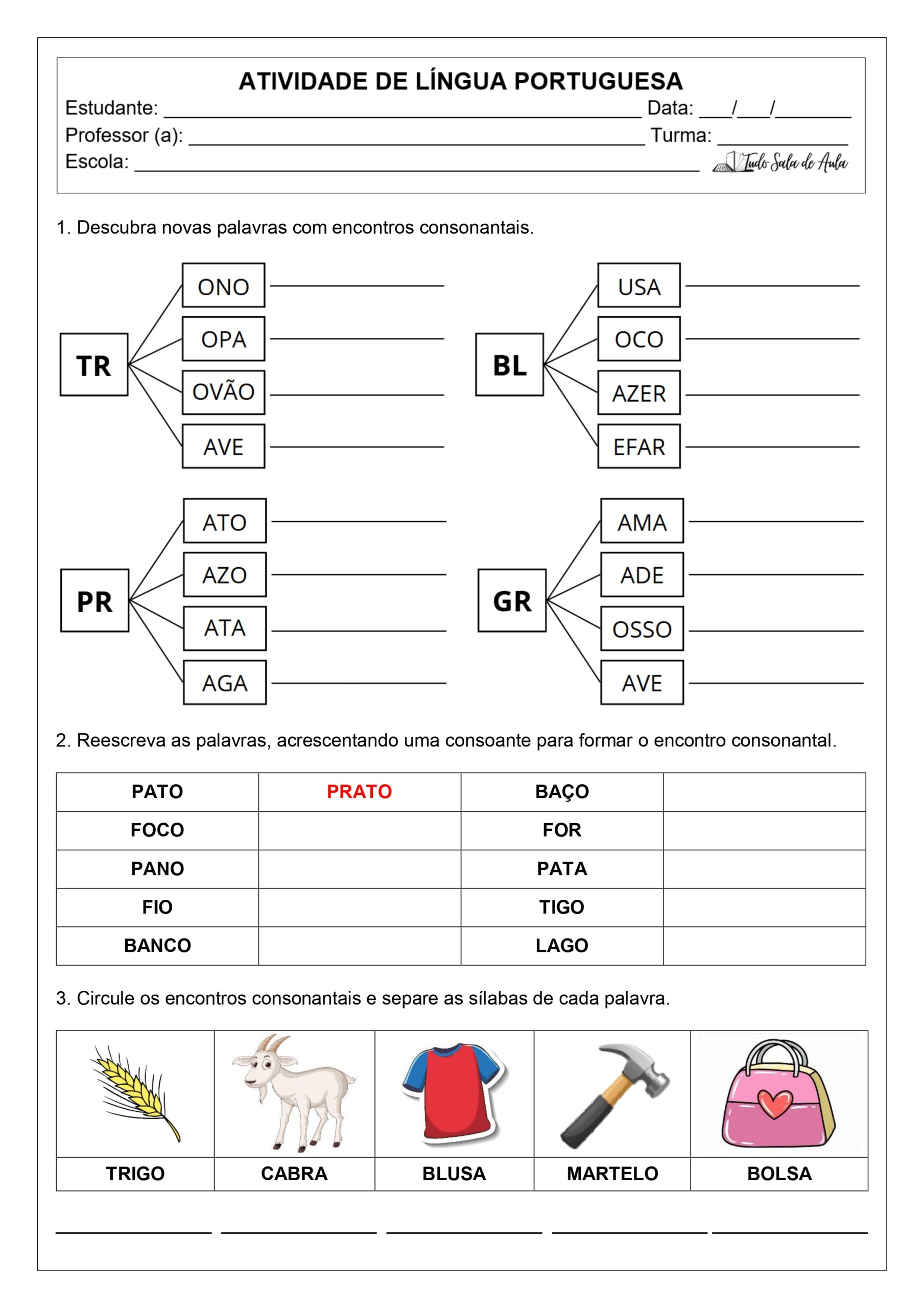 Atividades de Encontros Consonantais - 2º e 3º ano