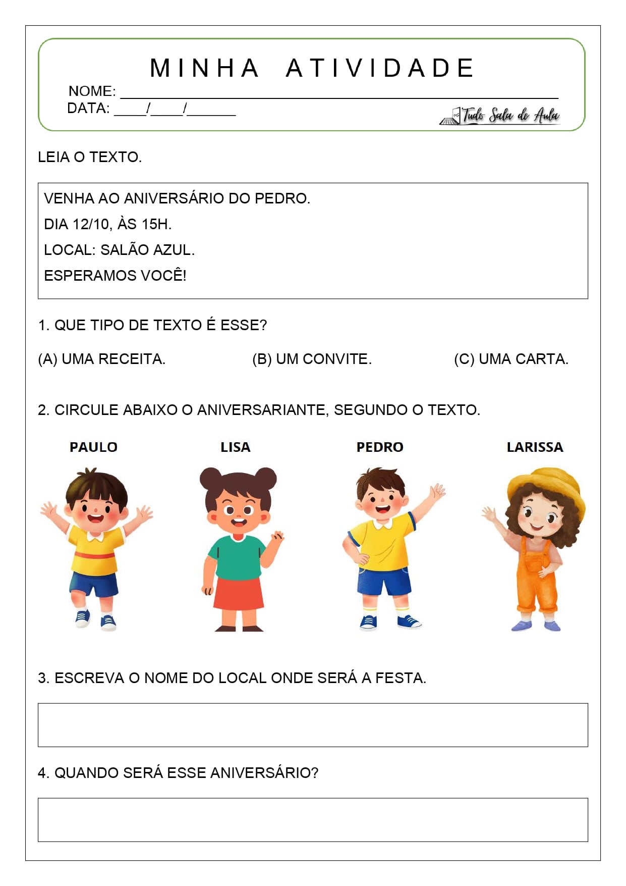 Atividades com Gêneros Diversos para Interpretação - 1º ano