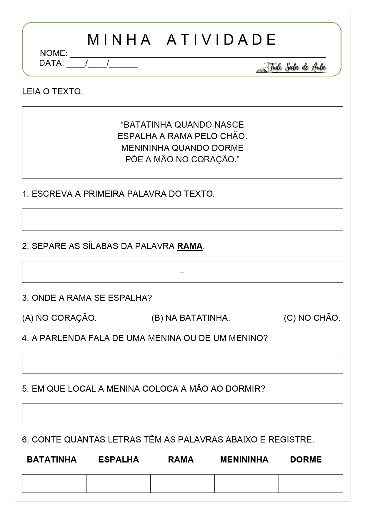 Atividades com Gêneros Diversos para Interpretação - 1º ano