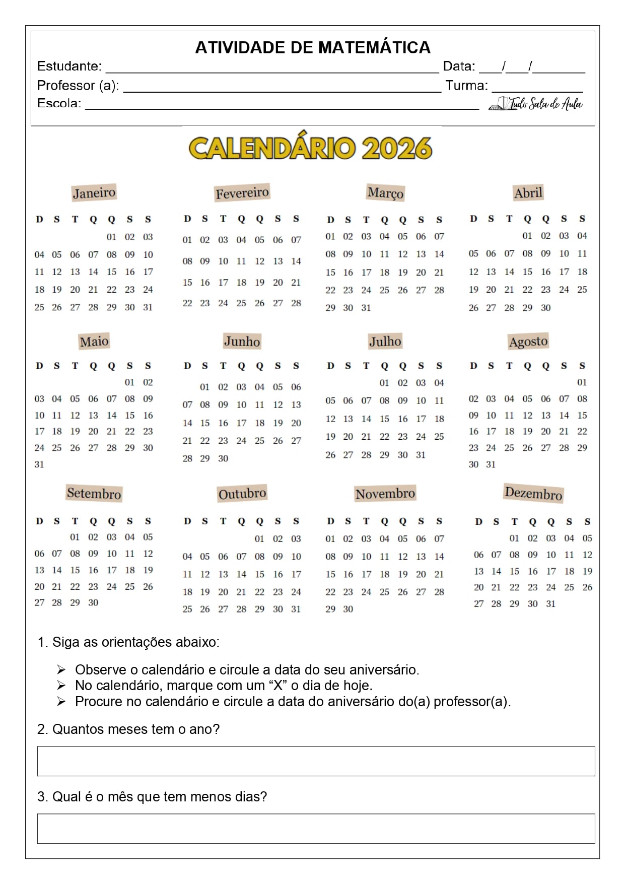 Atividades de Matemática sobre o Calendário 2026 - 1º e 2º ano - Tudo ...
