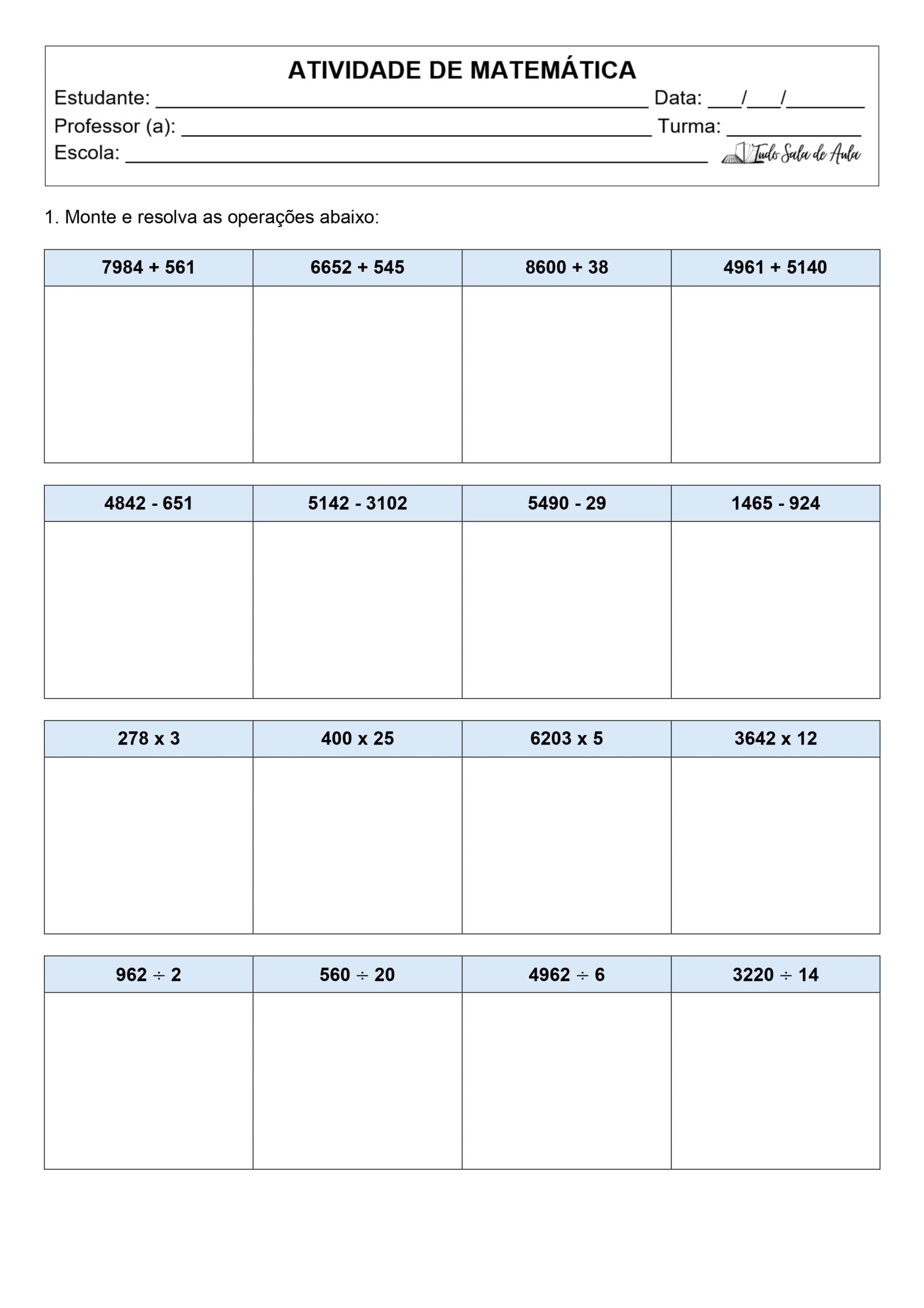 Atividades com Continhas de Matemática Básica - 4º e 5º Ano