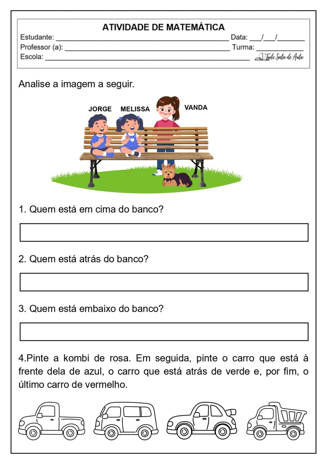 Atividade sobre Noções de Posição - 1º e 2º ano - Tudo Sala de Aula