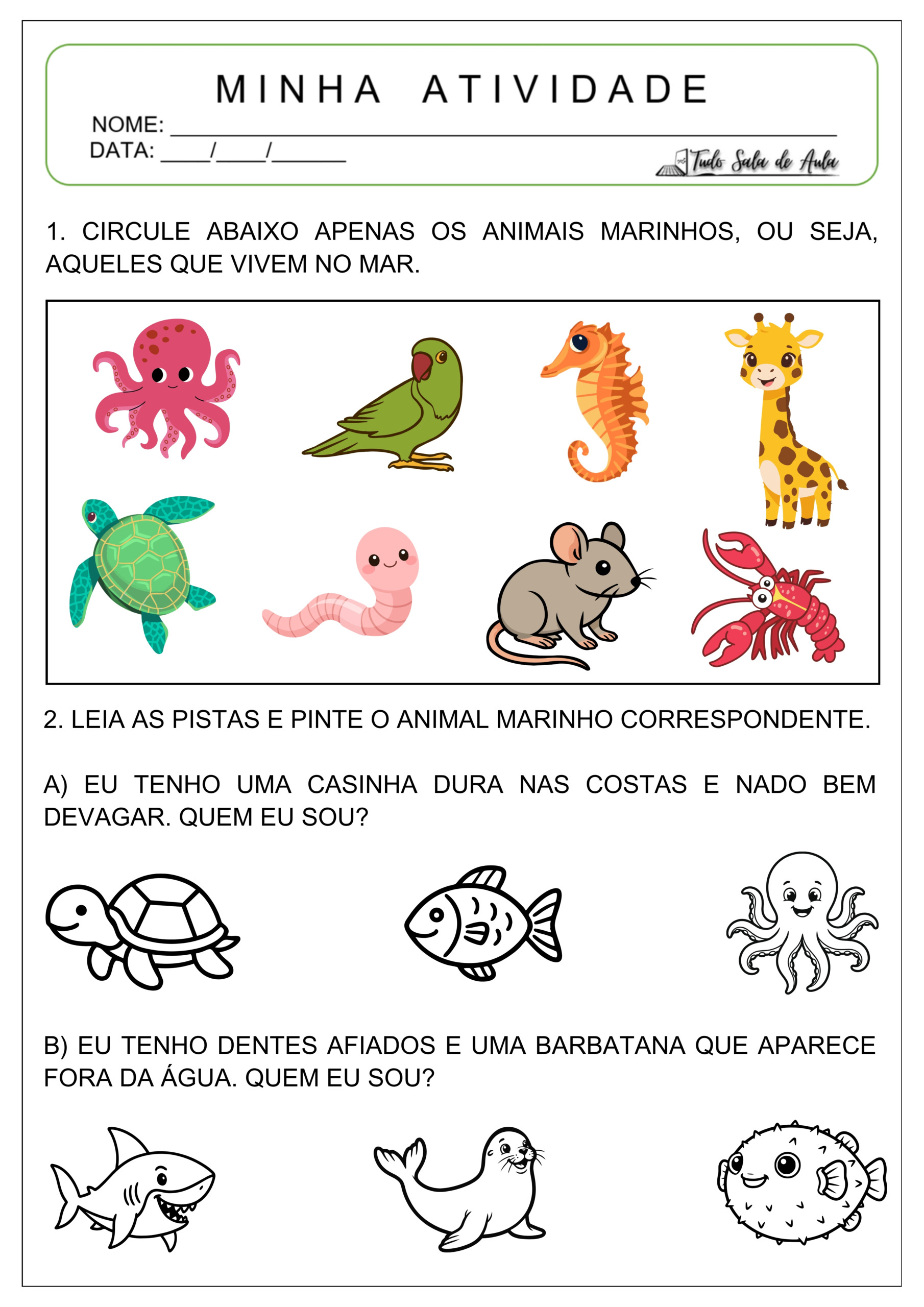 Atividades sobre os Animais Marinhos para a Educação Infantil - Tudo ...