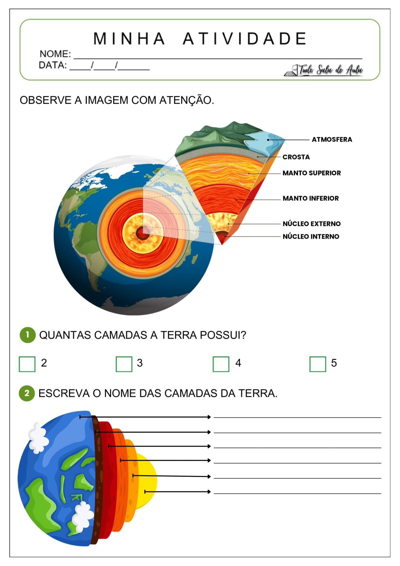 Atividades Adaptadas sobre as Camadas da Terra - Tudo Sala de Aula