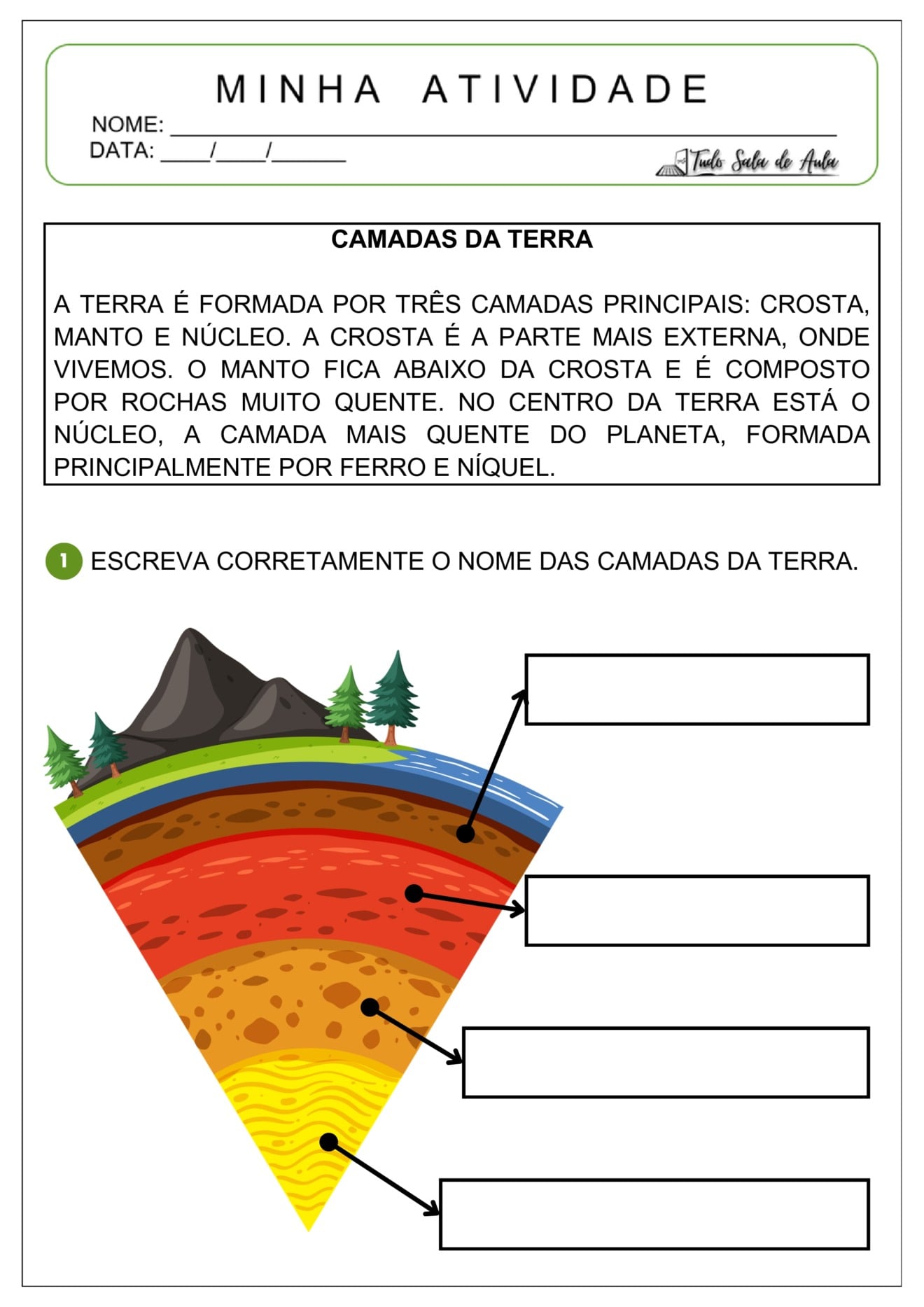 Atividades Adaptadas sobre as Camadas da Terra - Tudo Sala de Aula